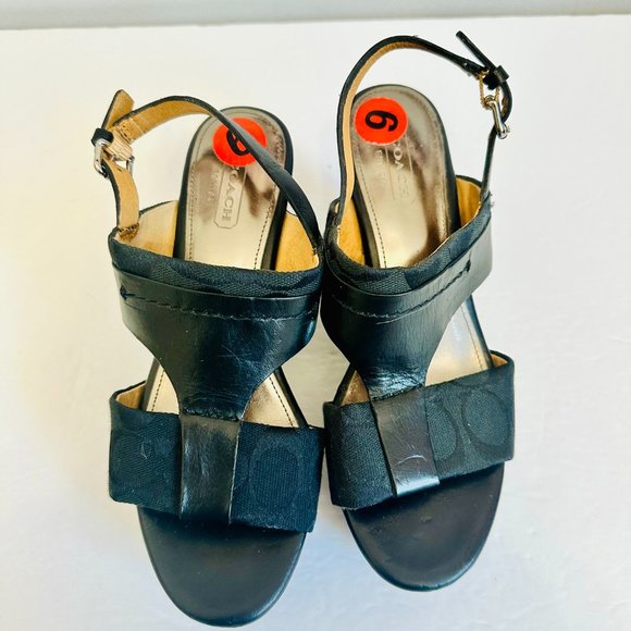 COACH SIGNATURE LOGO CANVAS AND LEATHER BLACK SLINGBACK PLATFORM WEDGES 6B - Picture 2 of 8